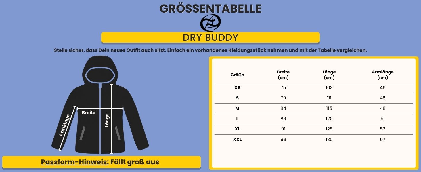 Größentabelle Dry Fashion Unisex Mantel Oversize Dry Buddy