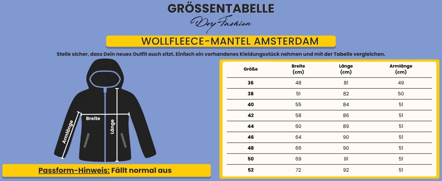 Grössentabelle Dry Fashion Wollfleece-Mantel Amsterdam