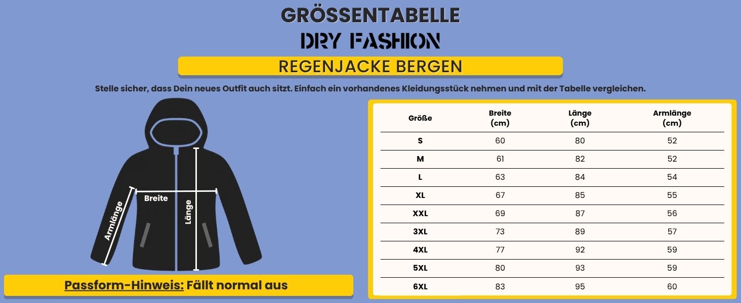 Grössentabelle Dry Fashion Regenjacke Bergen