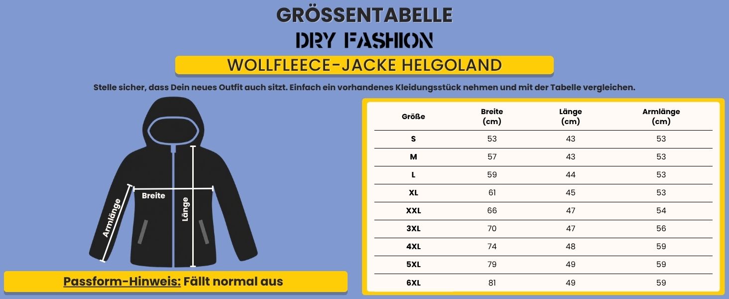 Grössentabelle Dry Fashion Wollfleece-Jacke Helgoland