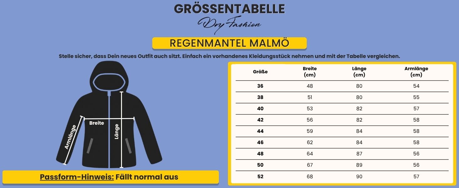 Grössentabelle Dry Fashion Regenmantel Malmö