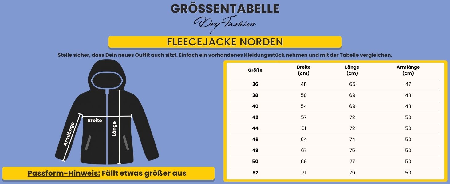 Grössentabelle Dry Fashion Fleecejacke Norden
