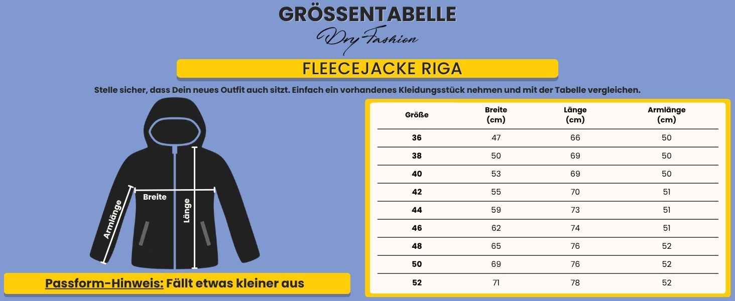 Grössentabelle Dry Fashion Fleecejacke Riga