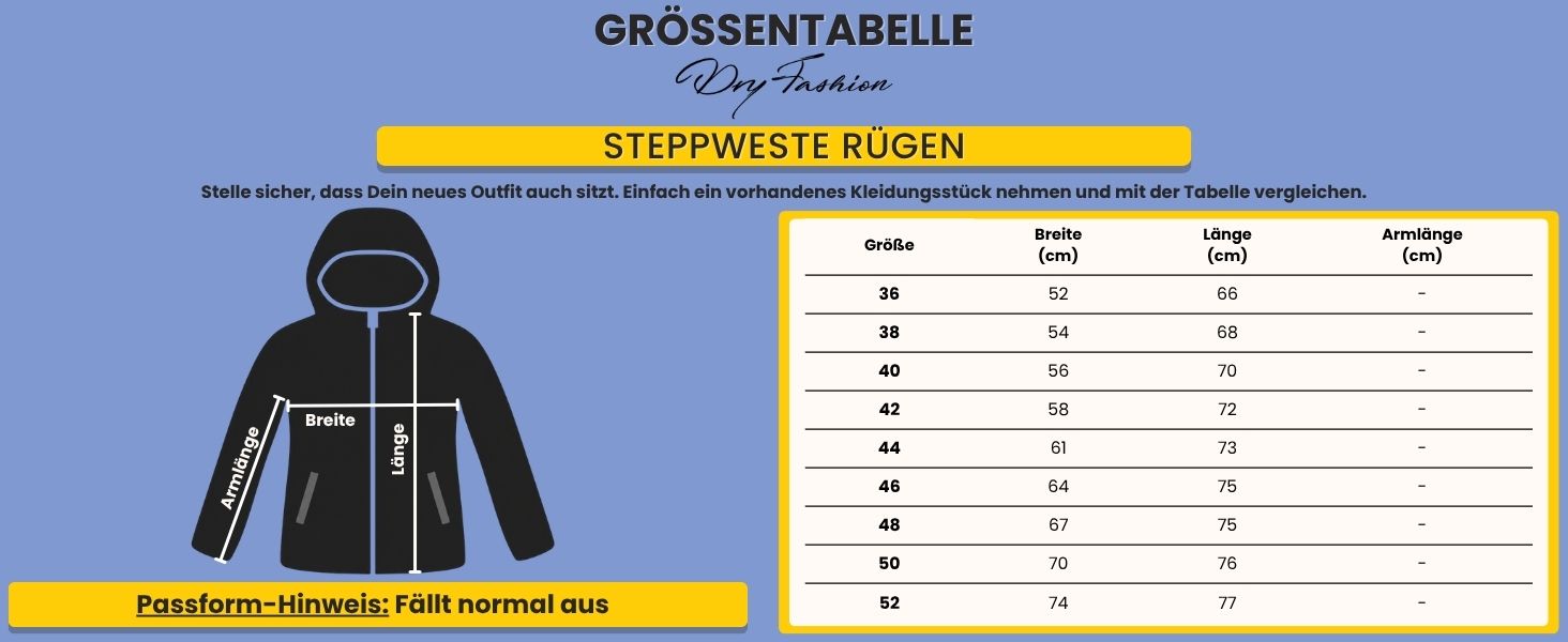 Grössentabelle Dry Fashion Steppweste Rügen