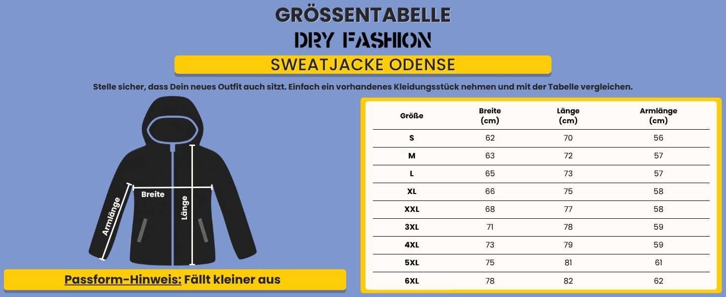 Größentabelle Dry Fashion Sweatjacke Odense