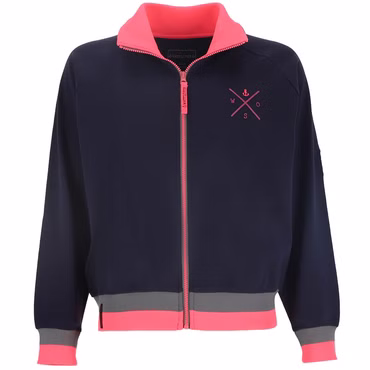 Wattlöper Damen Sweatjacke mit Schriftzug X-Stick "Anker-O-S-W" und Wattlöper - Jacke mit Stehkragen, Farbe: dunkelblau-pink