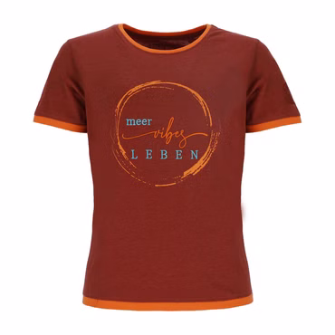 Wattlöper Damen T-Shirt mit Schriftzug-Stickerei Meer-Vibes-Leben - Kurzarm-Shirt mit Rundhalsausschnitt, Farbe: 3200-rotbraun