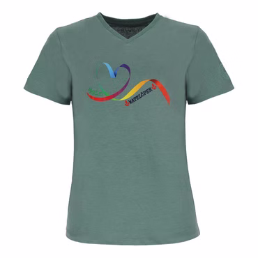 Wattlöper Damen T-Shirt mit Schleifen-Herz-Print und Moin-Stickerei - Kurzarm-Shirt mit V-Ausschnitt, Farbe: 4900-dill