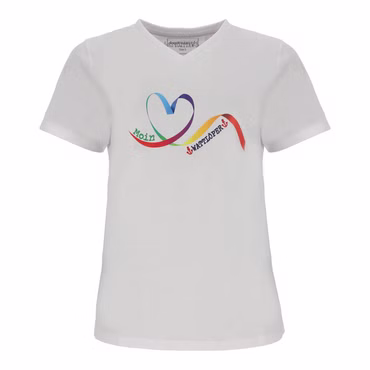 Wattlöper Damen T-Shirt mit Schleifen-Herz-Print und Moin-Stickerei - Kurzarm-Shirt mit V-Ausschnitt, Farbe: 0-weiss