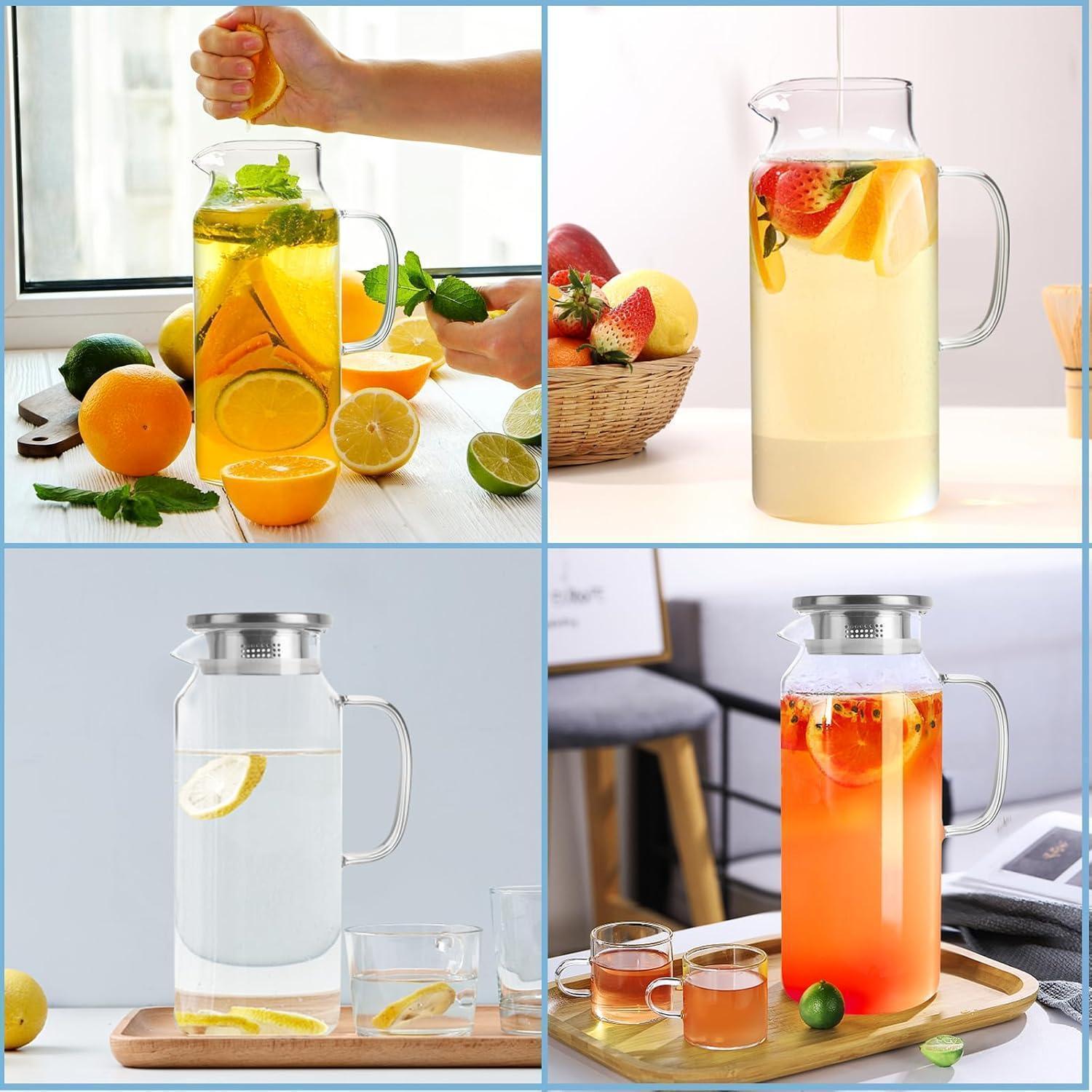 Glaskaraffe 2L mit Edelstahldeckel Wasserkrug 71 Unzen Borosilikatglas