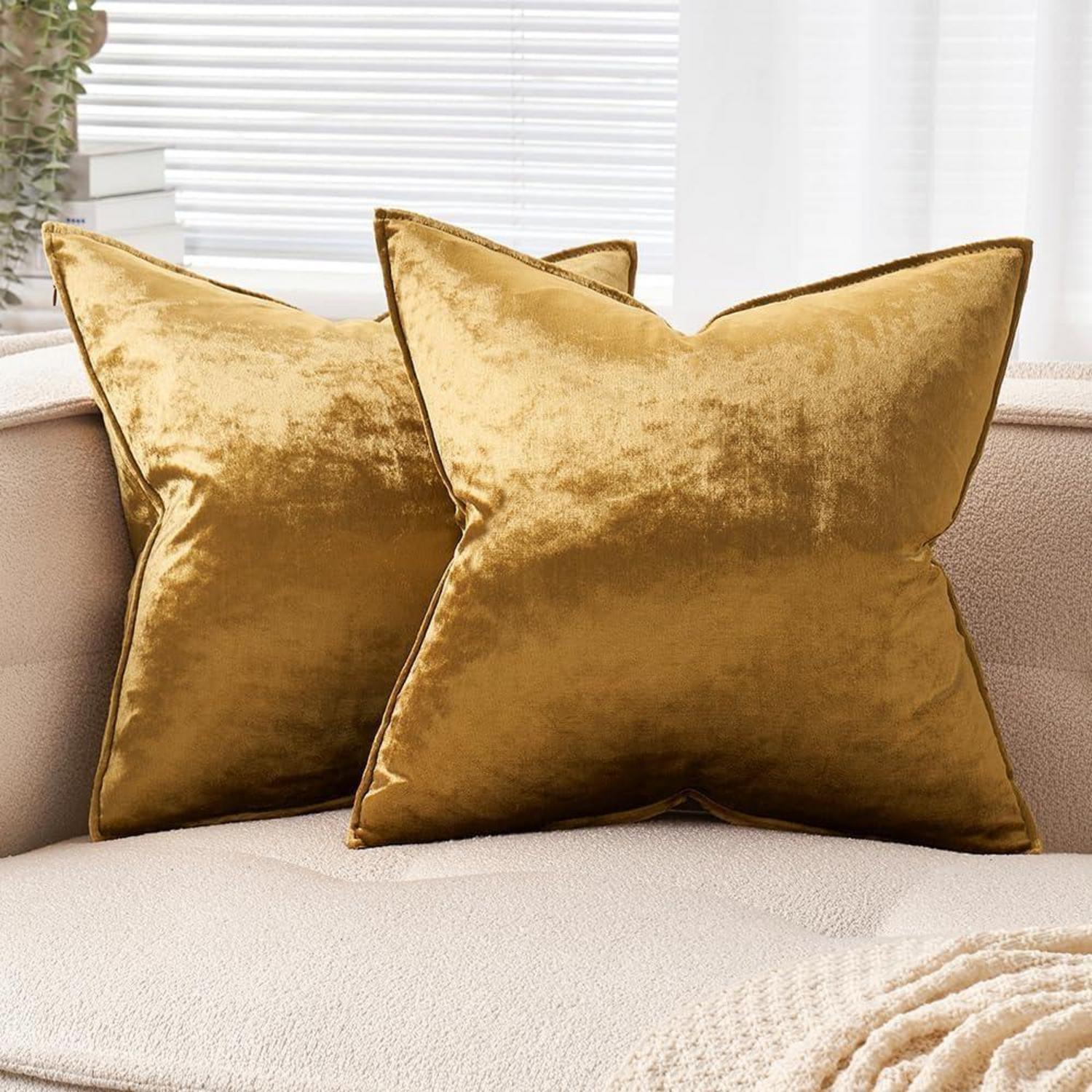 EMEMA Samt Kissenbezug 40x40cm 2er Set Deko Sofakissen Champagner Golden