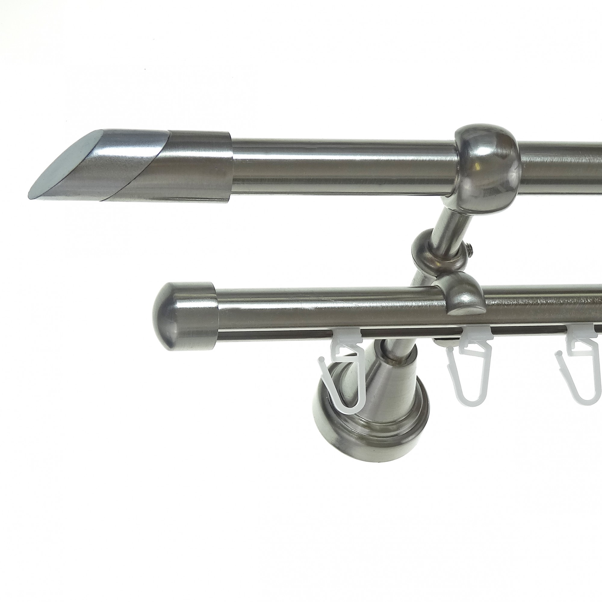 Rohr + Innenlauf Gardinenstange Edelstahl Look Ø 16mm 2-läufig zur Wandbefestigung Schräg, H14 E13 + B16I Länge wählbar