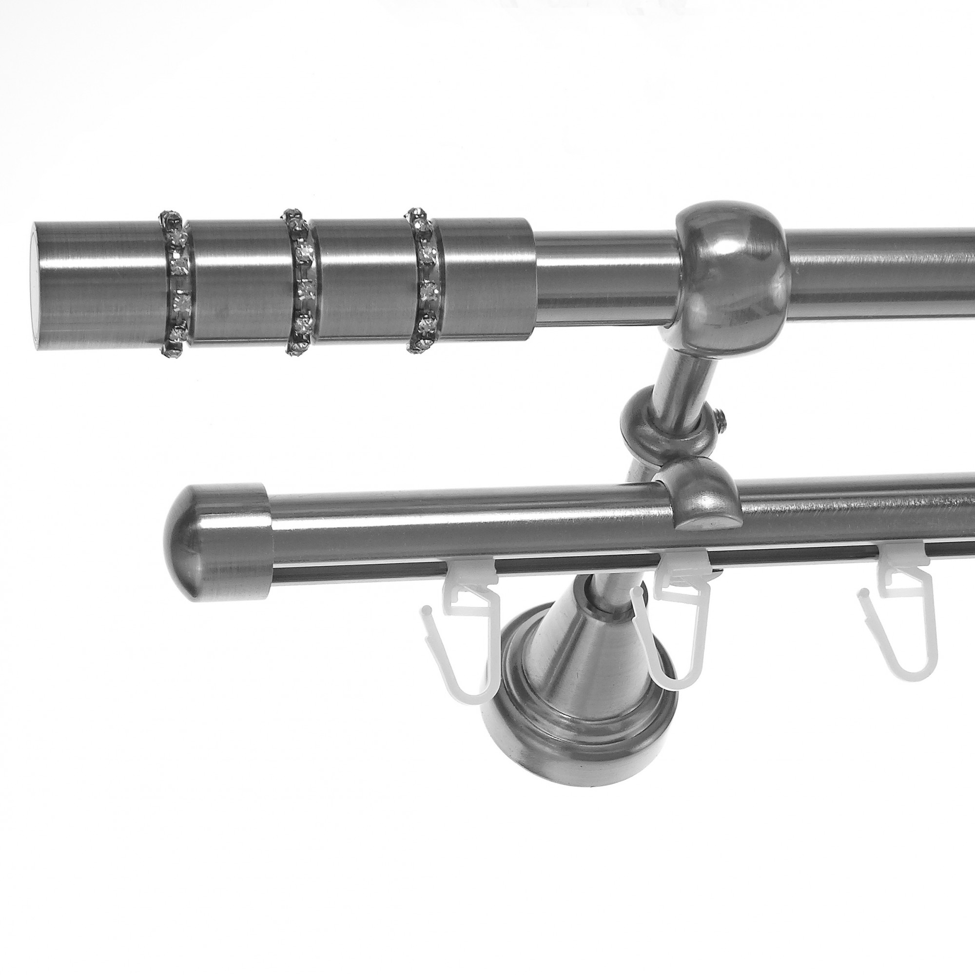 Rohr + Innenlauf Gardinenstange Edelstahl Look Ø 16mm zur Wandbefestigung 2-läufig Kristall, H14 E25 + B16I Länge wählbar