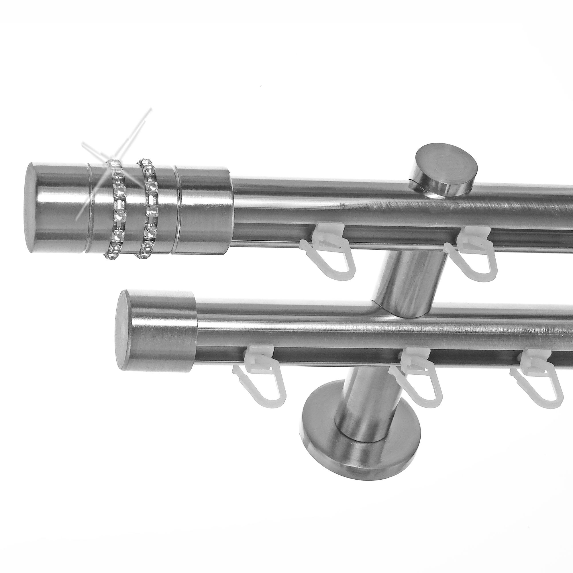 Innenlauf Gardinenstange Edelstahl Look 20mm Wandträger 2-läufig Zylinder Kristall, Länge wählbar H40 E80E30