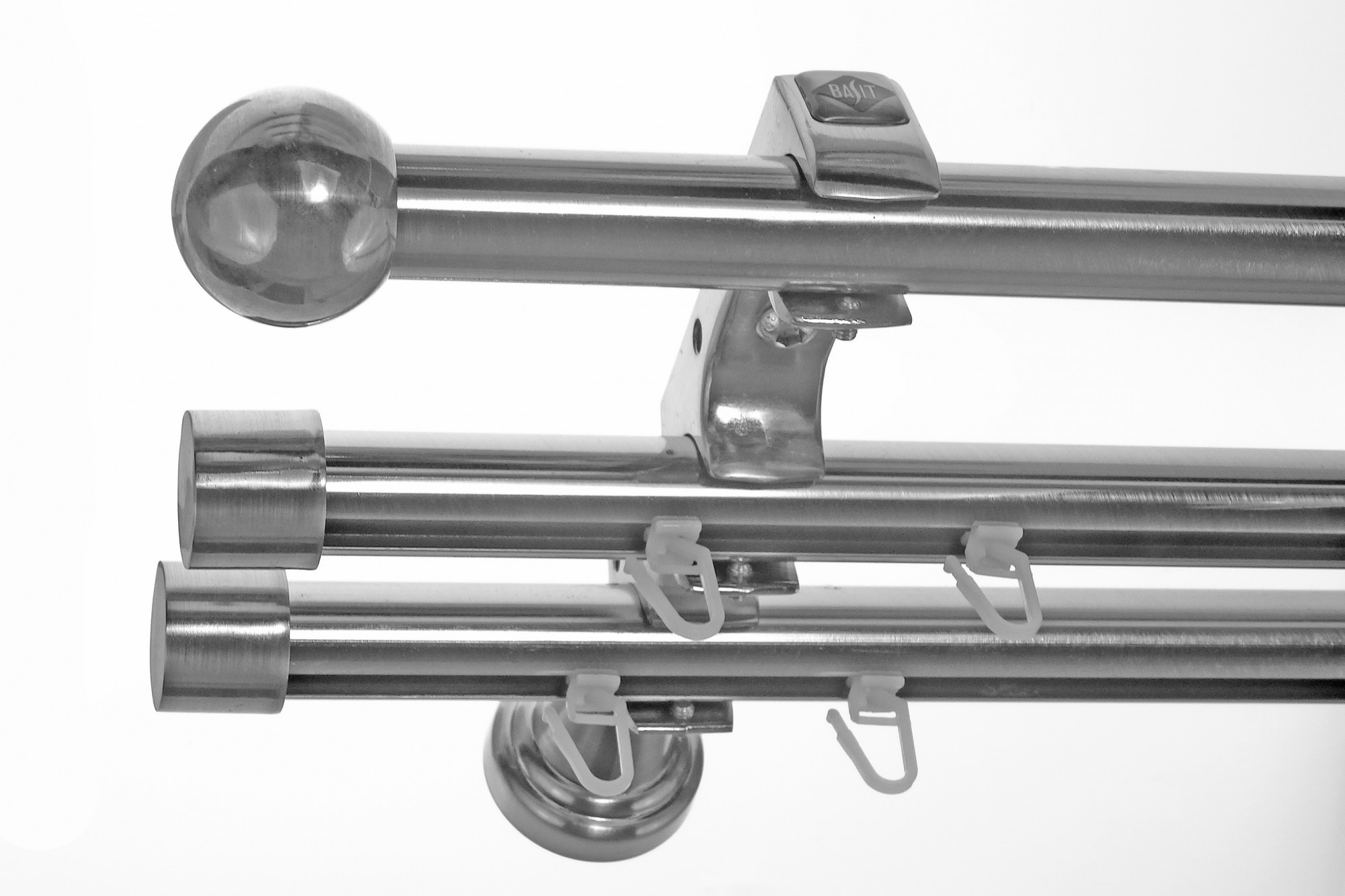 Rohr + 2 x Innenlauf Edelstahl Look Gardinenstange 20mm Wandträger 3-läufig mit Kugel H60 E33E30 RI+ 1x B20I