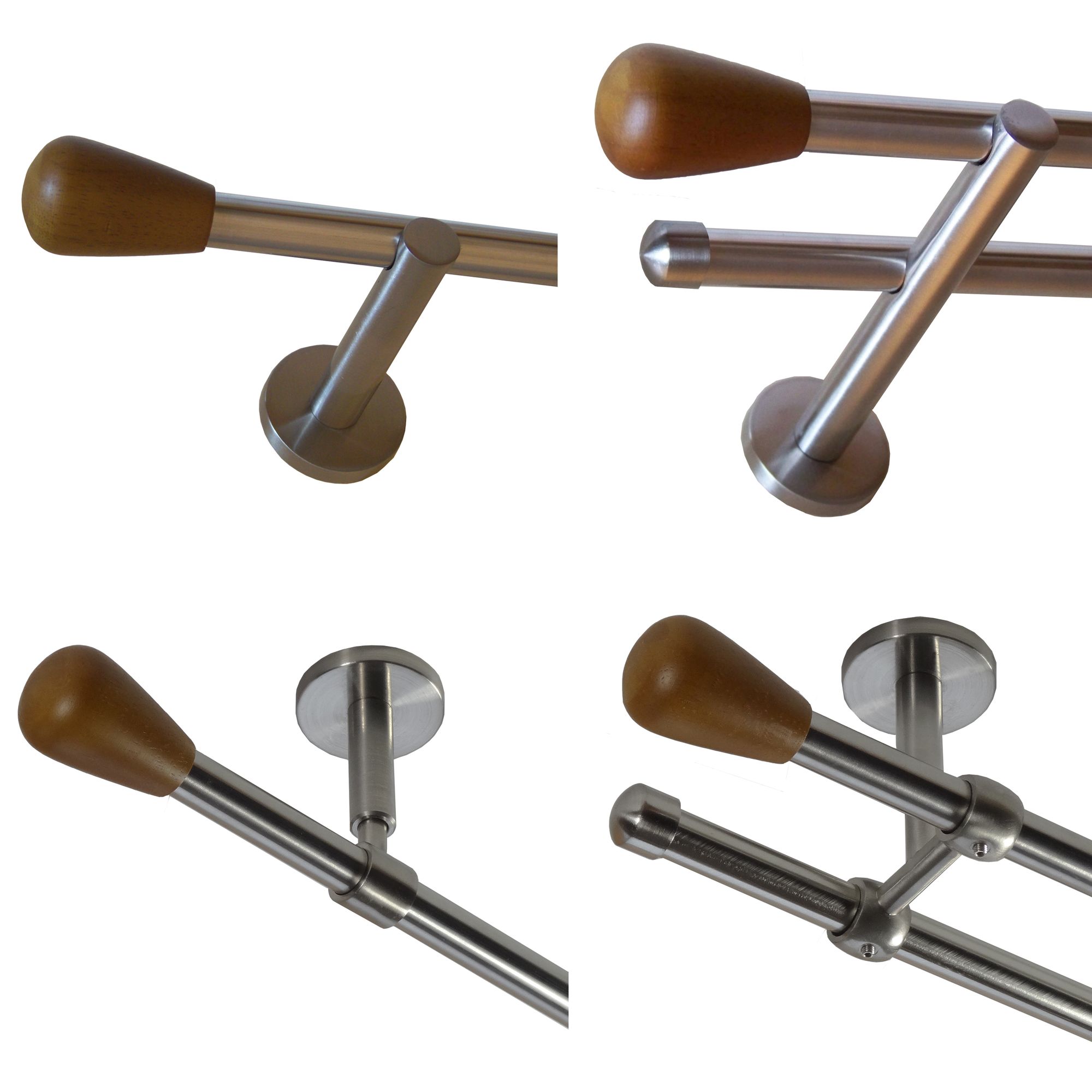 Gardinenstange mit Edelstahlrohr V2A 16mm Wandträger Deckenträger 1-läufig oder 2-läufig wählbar Modern mit Knauf aus Holz E52von Basit®