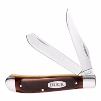 buck-taschenmesser-trapper-stahl-420j2-slip-joint-clip-spey-pointklinge.jpg Buck Taschenmesser Trapper STahl 420J2 Slip Joint Clip- Spey Pointklinge Neusilberbacken Pakkaholz Emblem Vorderseite