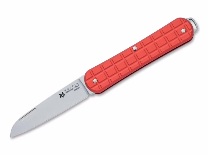 fox-knives-vulpis-130-grenade-pattern-aluminum-red.jpg Fox Knives Vulpis 130 Grenade Pattern Aluminum Red – N690 Aluminium-Griff Rot Vorderseite