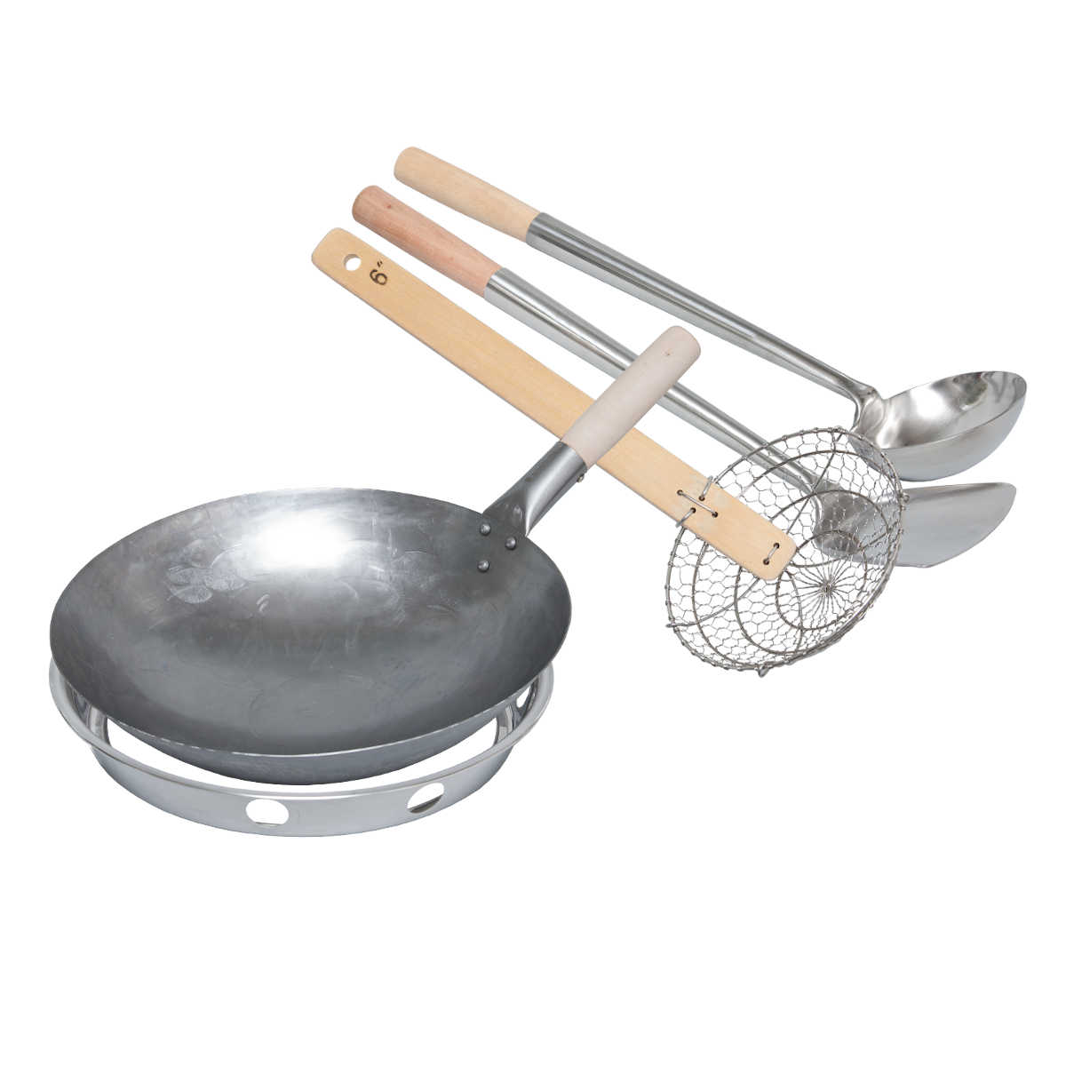 Wok Set 5-teilig mit rundem Wok Schöpfkelle Wendekelle Sieb und Wokhalter 207013 - Monolith