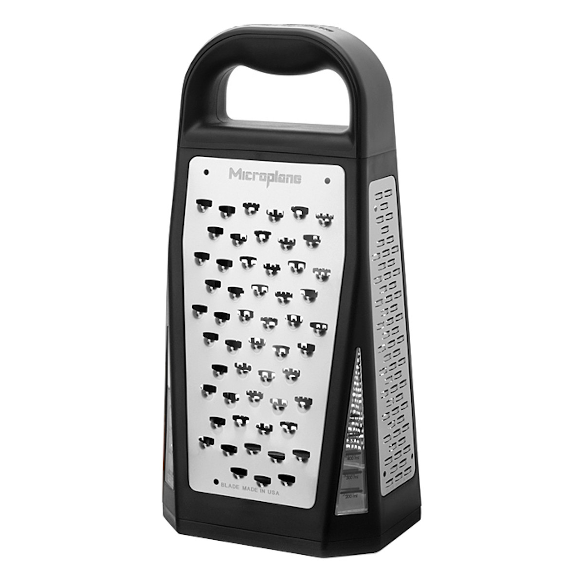 Microplane Elite Turmreibe 5-in-1, Küchenreibe für Käse und Gemüse mit Auffangschieber und Messfenstern bis 600 ml, Edelstahlklingen aus den USA, Schwarz