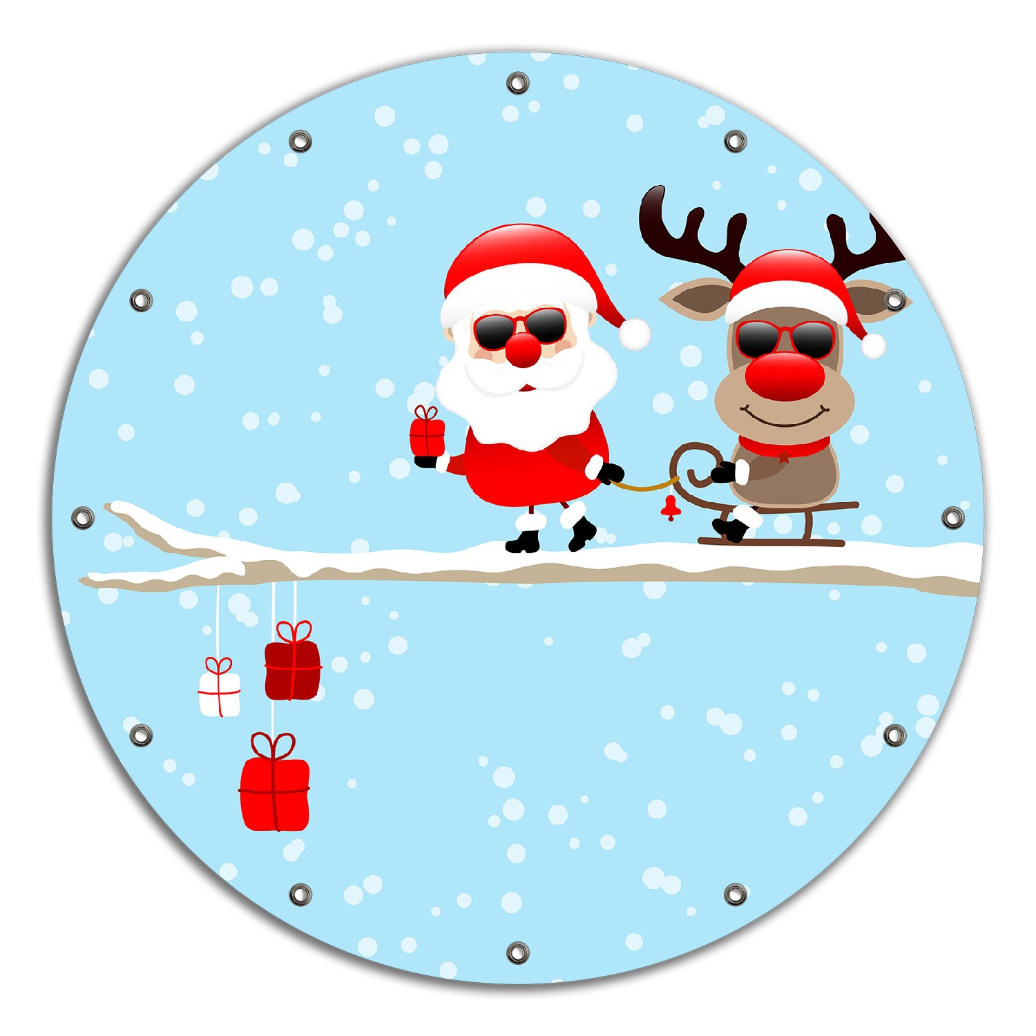 Gartenposter Cooler Weihnachtsmann mit Rentier auf einem Ast
