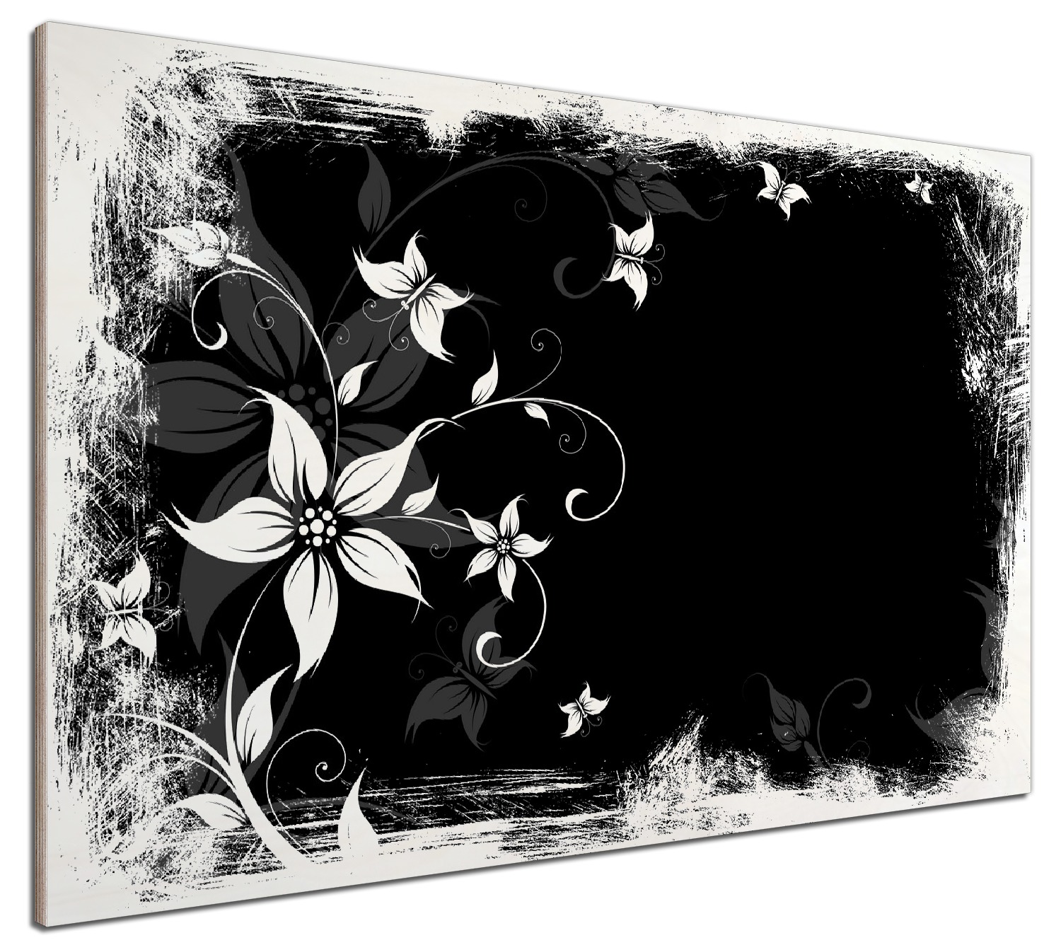 Holzbild Blumenranke in Schwarz-Weiß
