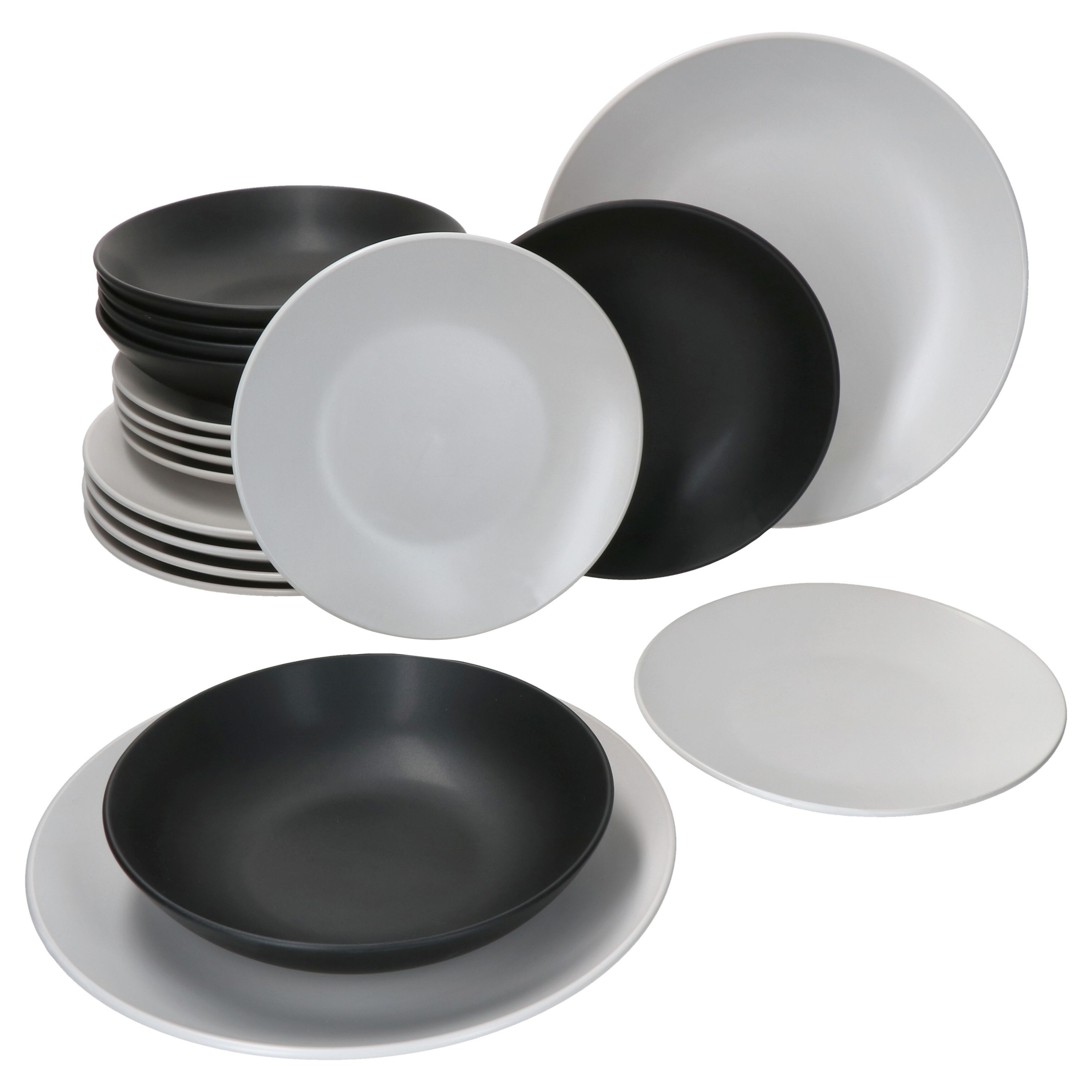 18tlg Teller Set Nero Bianco - Speiseteller weiß, Suppenteller schwarz & Desserteller weiß