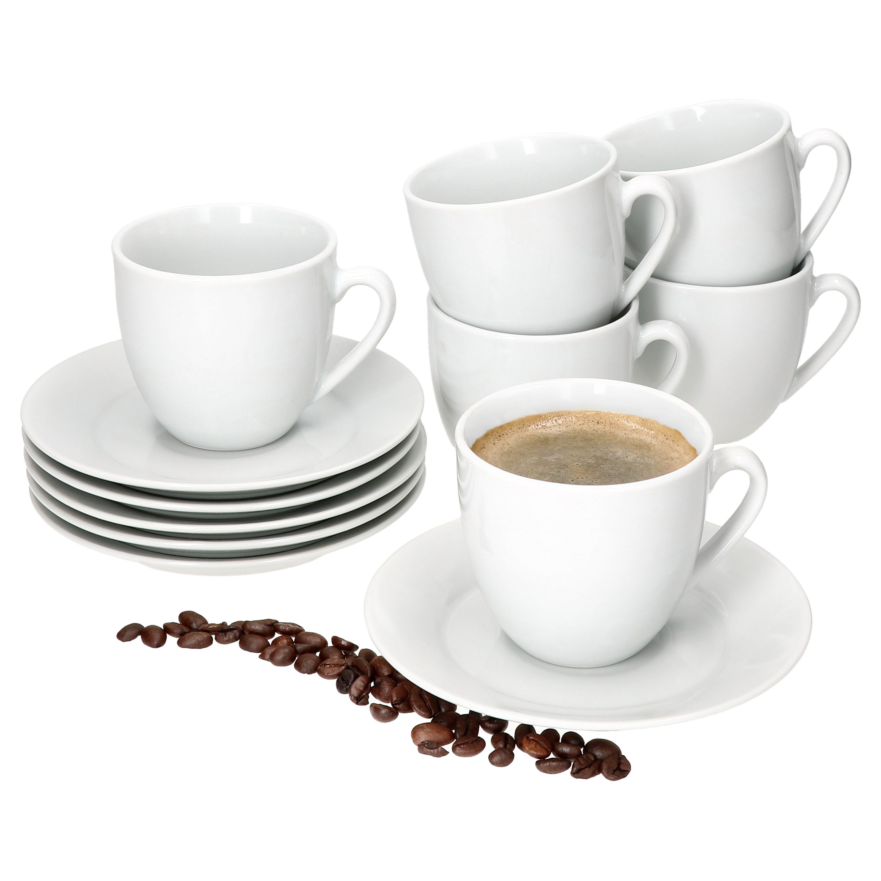 6er Set Tommy Kaffeetassen mit Untertassen für 6 Personen weiß Porzellan Tee