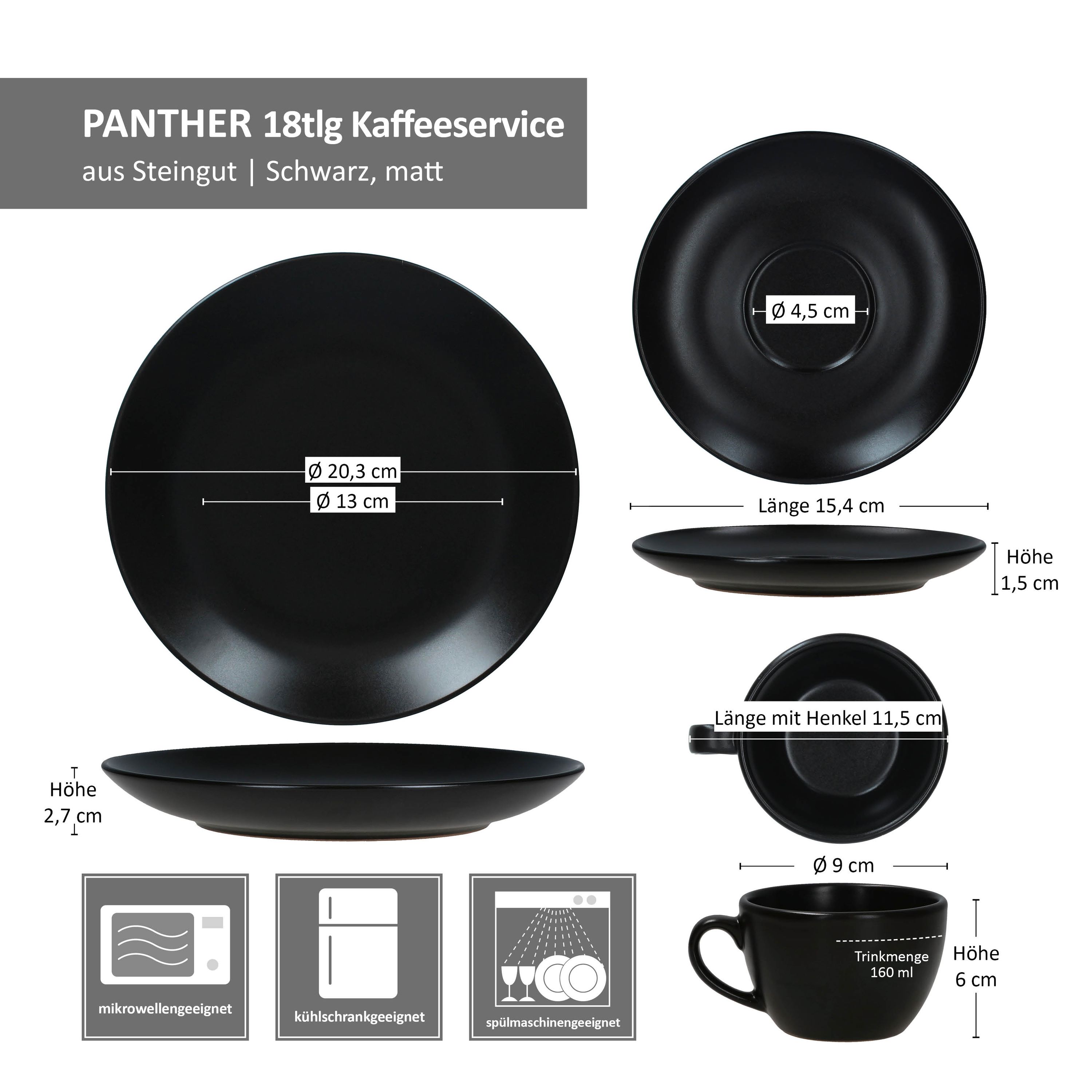 18tlg Kaffeeservice Panther matt schwarz für 6 Personen aus Steingut - 161949 + 161951 + 161952****Vorpackplatz: REIHE X ///PLATZ 22