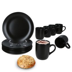 01-MamboCat-Panther-Fruehstuecksset-12tlg-Deko.jpg 12tlg Frühstücksset Panther matt schwarz für 6 Personen aus Steingut - 161949 + 161950_Bild_1