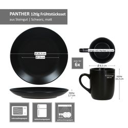 05-MamboCat-Panther-12tlg-Fruehstuecksset-Bemassung.jpg 12tlg Frühstücksset Panther matt schwarz für 6 Personen aus Steingut - 161949 + 161950_Bild_6