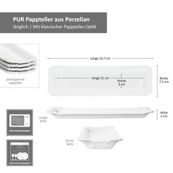06-24302112-HIT-PUR-Pappteller-aus-Porzellan-Snack-Schale-26x8x2cm-Bemassung.jpg 24er Set PUR Pappteller groß länglich aus Porzellan weiß - 24302112_Bild_6