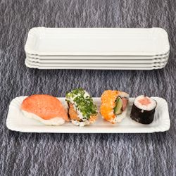 03-24302111-HIT-PUR-Pappteller-aus-Porzellan-Snack-Schale-20x6x1-5cm-Ambiente-Sushi.jpg 24er Set PUR Pappteller klein länglich aus Porzellan weiß - 24302111_Bild_3
