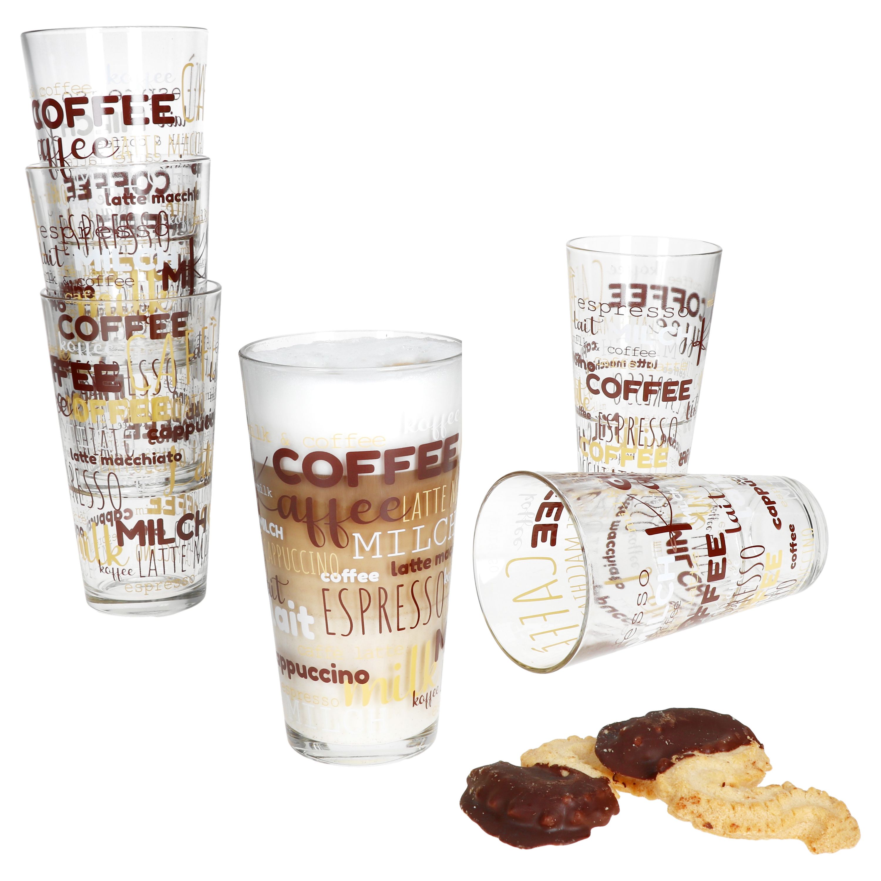 6er Set CANDY Latte Macchiato Gläser mit Schrift-Dekor 380ml****Vorpackplatz: REGAL B /// PLATZ 109