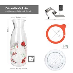 06-806076-Ritzenhoff-und-Breker-Palermo-Karaffe-1L-6er-mit-WECK-Zubehoer-Bemassung.jpg 6er Set Palermo Karaffe 1 Liter + Weck-Glasdeckel + Einkochring + Klammern - 806076_Bild_6