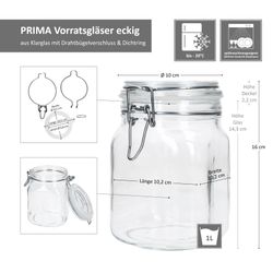06-17211020S-Borgonovo-PRIMA-Vorratsglaeser-1L-eckig-Bemassung.jpg 6er Set Einmachglas eckig Bügelverschluss PRIMA 1L - 17211020S_Bild_5
