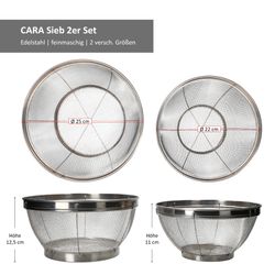 06-10882-10881-Kela-CARA-Sieb-klein-gross-Bemassung.jpg 2er Set Küchensieb CARA klein & groß aus Edelstahl - 10882 & 10881_Bild_6
