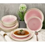 12tlg Tafelservice REACTIVE GLAZE PARIS Creme & Pink aus Steingut_Bild_6