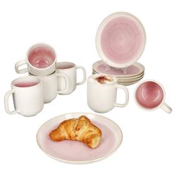 01-162835-162836-MamboCat-Reactive-Glaze-Paris-12tlg-Fruehstuecksservice-Deko.jpg 12tlg Frühstücksset REACTIVE GLAZE PARIS Creme & Pink Steingut für 6 Personen_Bild_1