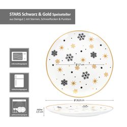 06-23108231-HIT-Stars-schwarz-gold-Schneeflocke-Speiseteller-Bemassung.jpg 6er Set Stars schwarz-gold Speiseteller Steingut für 6 Personen - 23108231_Bild_6