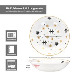 06-23108248-HIT-Stars-schwarz-gold-Schneeflocke-Suppenteller-Bemassung.jpg 6er Set Stars schwarz-gold Suppenteller Steingut für 6 Personen - 23108248_Bild_6