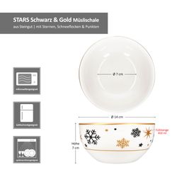06-23108256-HIT-Stars-schwarz-gold-Schneeflocke-Mueslischale-Bemassung.jpg 6er Set Stars schwarz-gold Müslischale Steingut für 6 Personen - 23108256_Bild_6