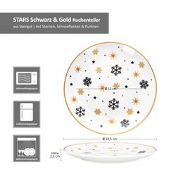 06-23108240-HIT-Stars-schwarz-gold-Schneeflocke-Kuchenteller-Bemassung.jpg 6er Set Stars schwarz-gold Kuchenteller Steingut für 6 Personen - 23108240_Bild_6