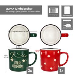 06-23105433-HIT-Emma-Jumbobecher-rot-gruen-Bemassung.jpg 4er Set EMMA Jumbobecher 2x rot & 2x grün Steingut - 23105433_Bild_8