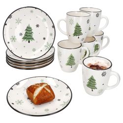 12tlg Frühstücksset Weihnachtsbaum mit Laugengebäck und Kakao – Kuchenteller und Becher 12tlg Frühstücksset Weihnachtsbaum mit Laugengebäck und Kakao – Kuchenteller und Becher