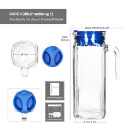 06-13110035S-Borgonovo-Karo-Kuehlschrankrug-1L-blau-Bemassung.jpg 2er Set KARO Kühlschrankkrug 1L aus Glas mit blauem Kunststoff-Deckel – 13110035S_Bild_7