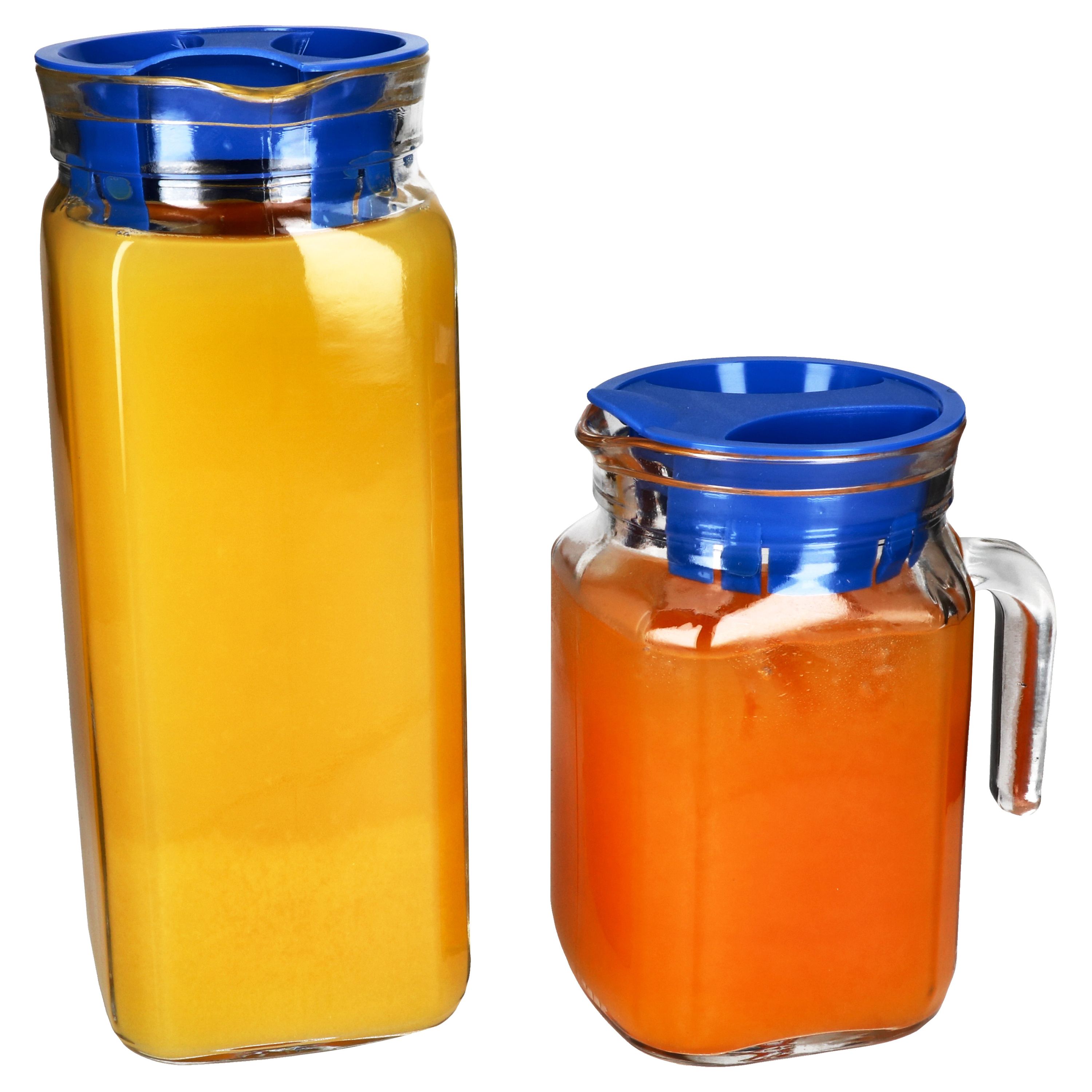 2er Set KARO & KORA Kühlschrankkrug 1x 1L & 1x 0,5L aus Glas mit blauem Kunststoff-Deckel – 1x 13109528S & 1x 13110035S