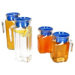 01-13109528S-13110035S-Borgonovo-Karo-Kora-Kuehlschrankkrug-0-5L-1L-blau-4er-Set-Deko.jpg 5L aus Glas mit blauem Kunststoff-Deckel – 2x 13109528S & 2x 13110035S_Bild_1