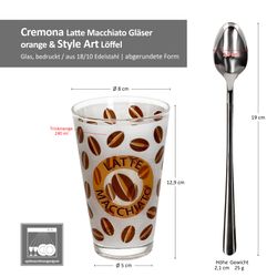 06-0806137-747-310-Justinus-Ritzenhoff-Cremona-orange-Style-ArtLatte-Macchiato-Glaeser-Loeffel-Bemassung.jpg 12tlg Latte Macchiato Set - 6x CREMONA Gläser orange + 6x STYLE ART Latte Macchiato Löffel - 0806137 & 747-310_Bild_6