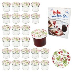01-Sturz-TO-66-125ml-Wald-Erdbeere-25er-Set-Deko.jpg 25er Set Sturzglas 125 ml Marmeladenglas Einmachglas Einweckglas To 66 Wald-Erdbeeren Deckel incl. Diamant-Zucker Gelierzauber Rezeptheft_Bild_1